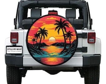 Sunset Palm Trees Tropical Spare Tire Cover With or Without Camera Hole