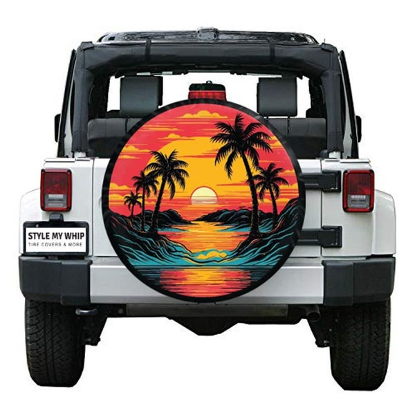 Sunset Palm Trees Tropical Spare Tire Cover With or Without Camera Hole