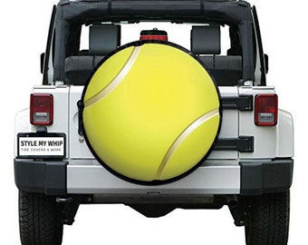 Tennis ball yellow fun print spare tire cover with avalable camera cutout