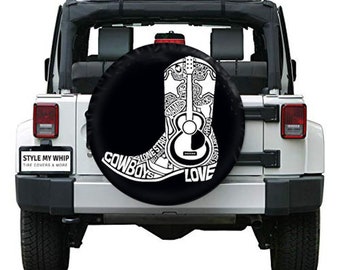 Cowboy boot country typography guitar spare tire cover with optional camera cutout