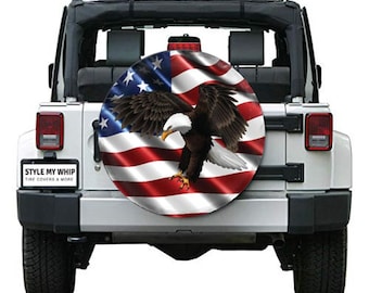 Patriotic Eagle and flag USA spare tire cover with or without backup camera cutout