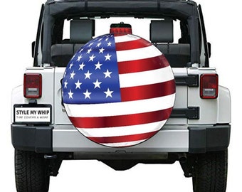 Round flag USA patriotic spare tire cover available with or without camera cutout