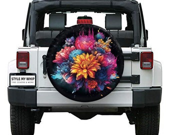 Beautiful Boho Wildflower Bloom Colorful Spare Tire Cover With or Without Camera Hole