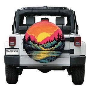 Sunset mountains lake bright colors spare tire cover with available camera cutout