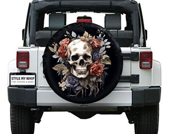 Skull and roses goth skeleton creepy spare tire cover with or without camera cutout
