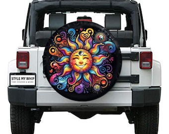 Celestial sun boho chic colorful retro zen spare tire cover with optional camera cutout