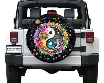 Clorful Boho Retro Hippie Yin yang Splash Music Notes Spare Tire Cover With Optional Camera Cutout