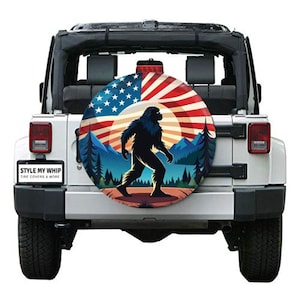 Bigfoot sasquatch patriotic America spare tire cover with available camera hole