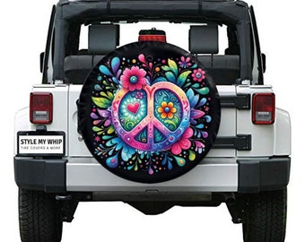 Floral peace sign boho retro hippie colorful spare tire cover with or without camera cutout