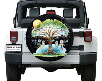 Boho Retro Dreamcatcher Tree Zen Spare Tire Cover With or Without Rear Camera Cutout