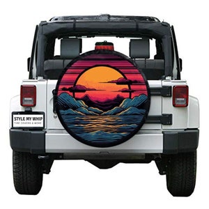 Ocean Sunset graphic spare tire cover with or without camera cutout
