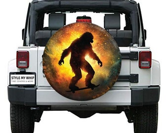 Bigfoot skateboarding in space psychadelic sasquatch spare tire cover with optional camera hole