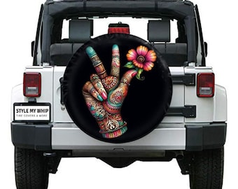Henna tattoo peace hand flower boho retro hippie spare tire cover with available camera cutout