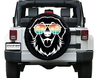 Golden retriever dog with palm tree glasses beach tropical spare tire cover camera hole option
