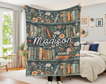 Personalized Floral Book Blanket, Custom Bookshelf, Gift for Book Lover, Gift For Her, Reading Lover, Custom Name Blanket