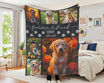 May include: Black and white memorial blanket with a photo collage of a dog. The blanket features the words "forever loved" and the dog's name "Coco" with the dates 2012-2024.