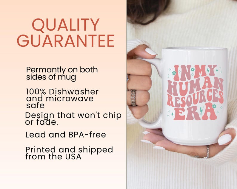 May include: White ceramic coffee mug with a pink and teal design that says "In My Human Resources Era".