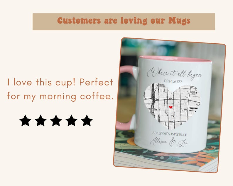 May include: White ceramic mug with a pink rim. The mug has a black and white map design with a red heart in the center. The text "Where it all began" and "0214.2023" is printed on the mug. The text "33521055 15727847 Allison & Le" is printed on the bottom of the mug.