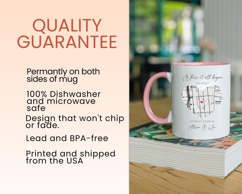May include: White ceramic mug with a pink handle. The mug has a black and white map design with a red heart in the center. The text "Where it all began" is printed above the map. The text "02.14.2023" is printed below the map. The text "Atwood, Nebraska" is printed below the date. The text "Allison & Lee" is printed below the location.