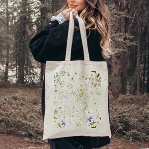 Wildflower Tote Bag,Floral Botanical Tote, Canvas Bag, Cottagecore Tote, Shopping Tote Bag, Vintage Flower bag, Aesthetic Tote Bag, Mom Gift
