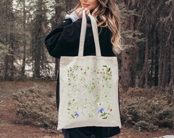 Wildflower Tote Bag,Floral Botanical Tote, Canvas Bag, Cottagecore Tote, Shopping Tote Bag, Vintage Flower bag, Aesthetic Tote Bag, Mom Gift