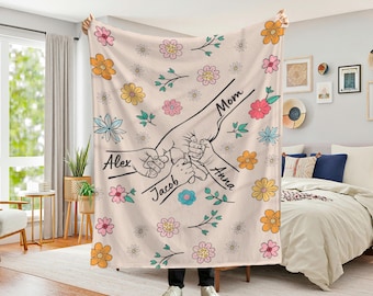Personalized Mom Blanket, Mom gift From Daughter, Mom Holding Hands, Mother's gift, Blanket with kids names, Family Blanket