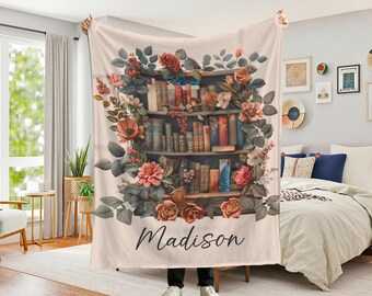 Personalized Floral Book Blanket, Custom Bookshelf, Gift for Book Lover, Gift For Her, Reading Lover, Custom Name Blanket