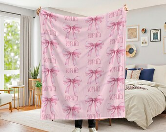 Coquette Blanket, Personalized Bow Blanket, Baby Shower Gift, Pink Bow Blanket Personalized, Custom Name Bow Blanket, Gift for Girls