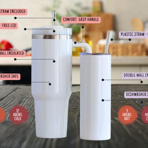 May include: Two white insulated tumblers with lids and straws. One tumbler has a comfort grip handle. Features include double-wall insulation, dishwasher safe, and BPA-free lids. The tumblers keep drinks hot for 12 hours and cold for 12 hours.