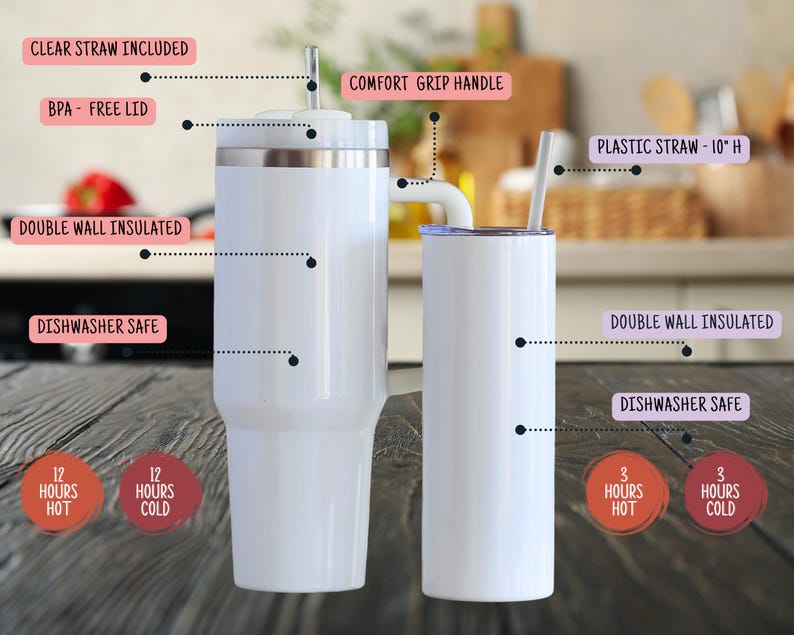 May include: Two white insulated tumblers with lids and straws. One tumbler has a comfort grip handle. Features include double-wall insulation, dishwasher safe, and BPA-free lids. The tumblers keep drinks hot for 12 hours and cold for 12 hours.