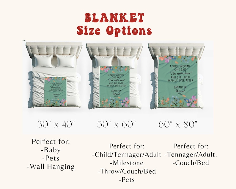 May include: A green blanket with a floral design and the text "A wise woman once said, 'I'm not here...'" and "Samantha Retired 2024". The blanket is shown in three sizes: 30 inches by 40 inches, 50 inches by 60 inches, and 60 inches by 80 inches.