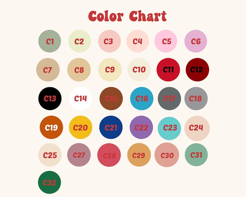 May include: Color chart with 32 different colors, labeled C1 through C32. The colors range from light to dark, and from cool to warm.