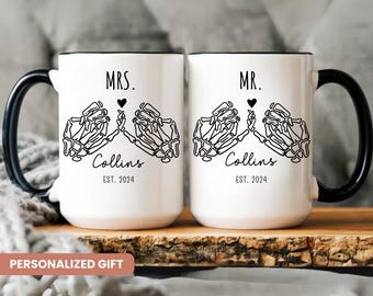 Funny Mr And Mrs Mug,Bride Skeleton Hand, Engagement Gift, Couple Coffee Mug Set, Goth Bride Gift,Skeleton Wedding, Halloween Wedding