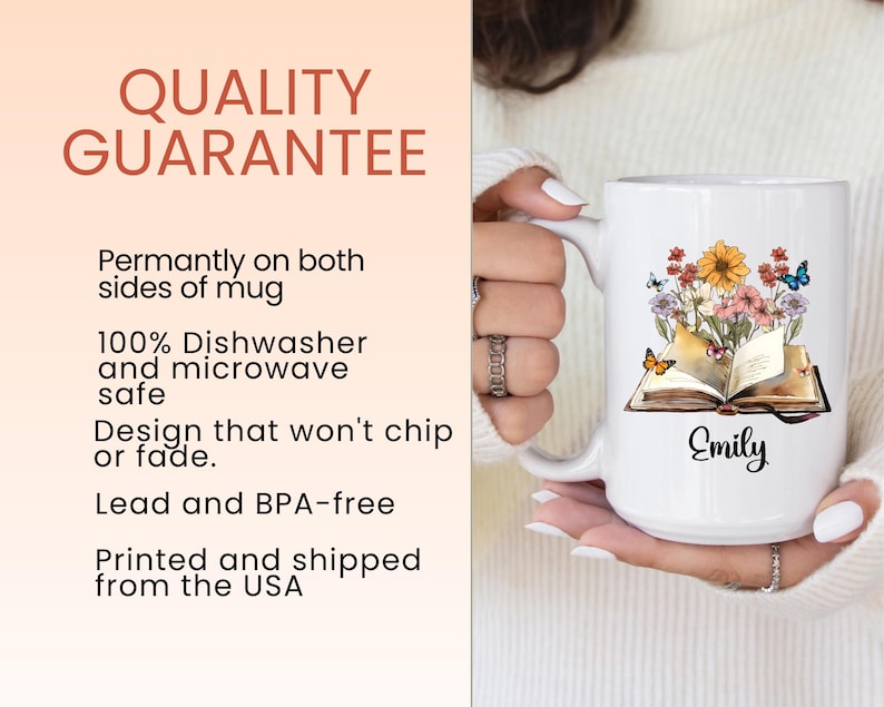 May include: White ceramic mug featuring a floral and butterfly design over an open book. The mug has the name "Emily" printed on it. The text "QUALITY GUARANTEE" is visible in the image.