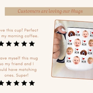 Op de afbeelding: Witte keramische mok met een herhaald patroon van babygezichten en hondengezichten, afgewisseld met de tekst "I ❤️ MOM". De mok wordt door een persoon vastgehouden. De tekst "Customers are loving our Mugs" staat bovenaan.