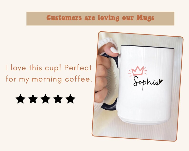 May include: White ceramic mug with a black rim and handle. The mug features a pink crown and the name "Sophia" written in black cursive.