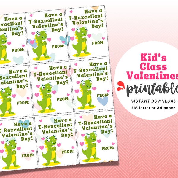 Kid's T-Rex Valentine, Printable Tags, Dinosaur Valentine Card, Class Valentines, Instant download pdf