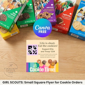 Modelo de folheto para biscoitos das Girl Scouts, cartão de vendas editável com código QR (download digital)