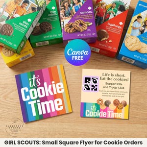 Modelo editável de folheto para biscoitos das Girl Scouts com arco-íris pastel e código QR no Canva