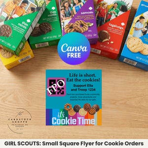 Flyer editável para venda de biscoitos das Girl Scouts, modelo de estande no Canva com código QR (download digital)