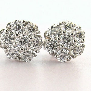 1.11CT. Round Brilliant Diamonds 14K White Gold Flower Diamond Stud Earrings.