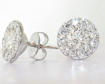 2.27 CT. Natural Round Brilliant Cut Diamond 14K White Gold Halo Stud Earrings.