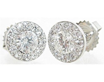 1.15 CT. Diamond Halo Round Brilliant 14K White Gold Natural  Diamond Studs Earrings.
