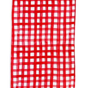 May include: Red and white checkered kitchen towel with a watercolor-like design.