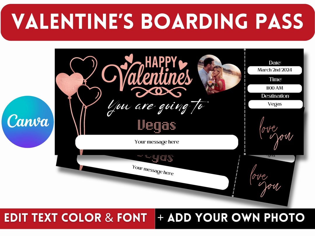 Valentines Day Editable Boarding Pass Canva Template Valentines Day ...