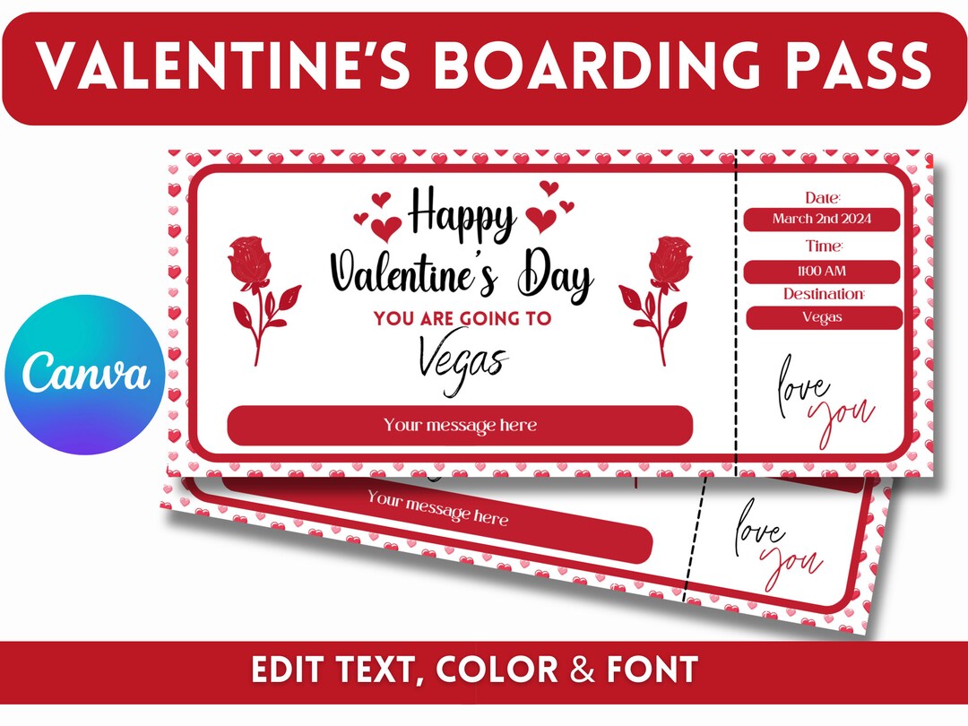 Valentines Day Editable Boarding Pass Canva Template Valentines Day ...