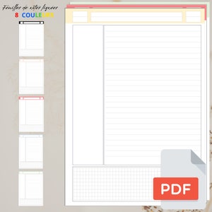 Peut inclure: Modèle de papier de cahier ligné imprimable en PDF avec 8 bordures de couleurs différentes. Le modèle comprend une section pour les notes, une section pour l'écriture lignée et une section pour le papier quadrillé.