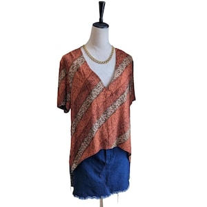 Vintage 90s Boho Rayon Blouse Miss Dorby Rust Brown Abstract Stripe Boxy Top Grunge Artsy Fairycore Lightweight