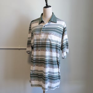 Vintage 90s striped polo shirt by Palmland, short sleeve, boxy fit, cotton with stretch, preppy indie style, men’s size large