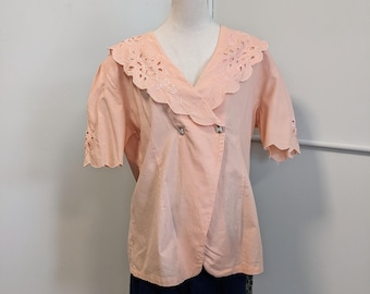 Vintage Peach Linen Cotton Blouse – Boxy Eyelet Shirt Size 20 Cottagecore Top